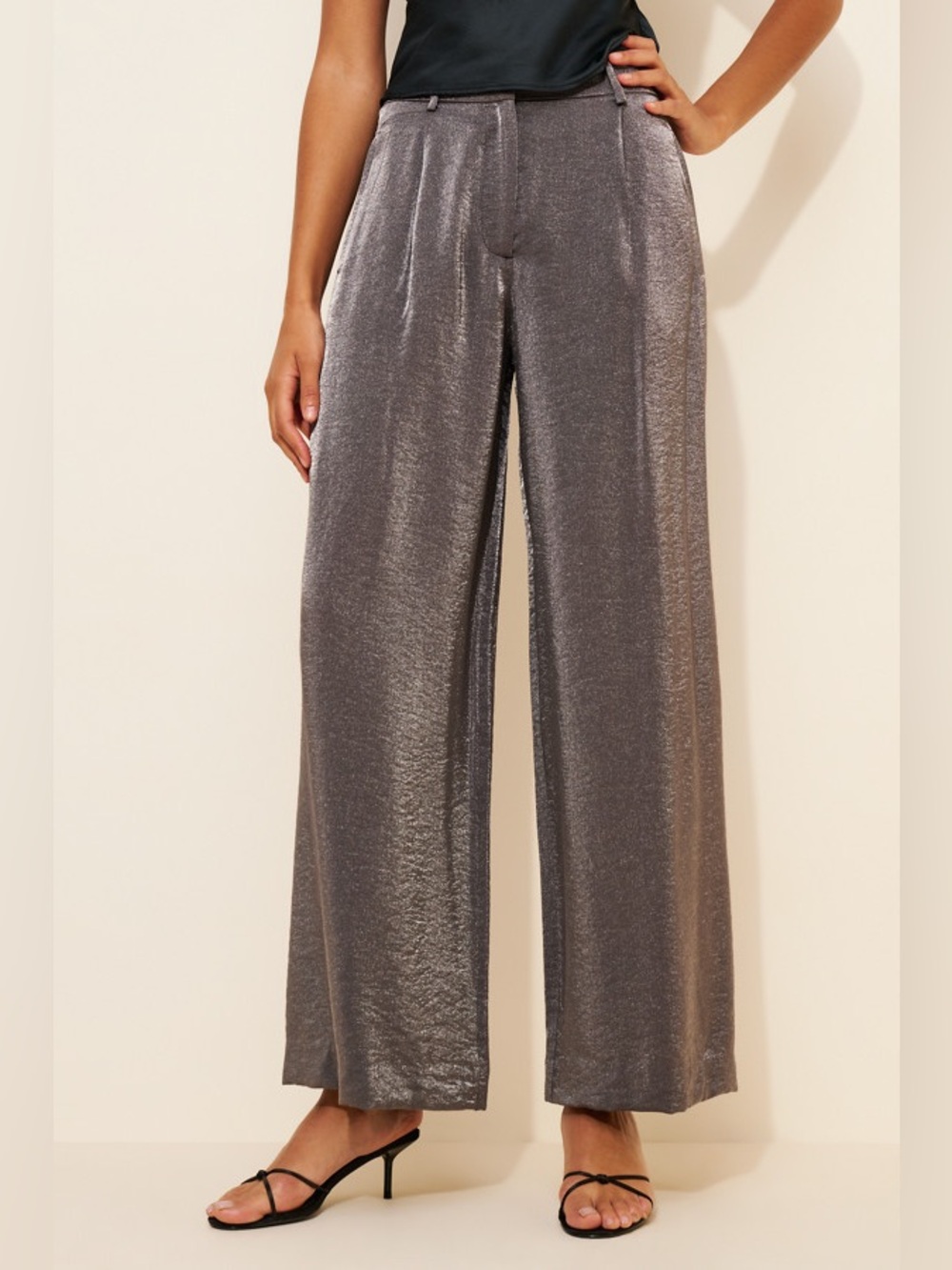 Maeve Shimmered Wide-Leg Trousers in Dark Gray - 4